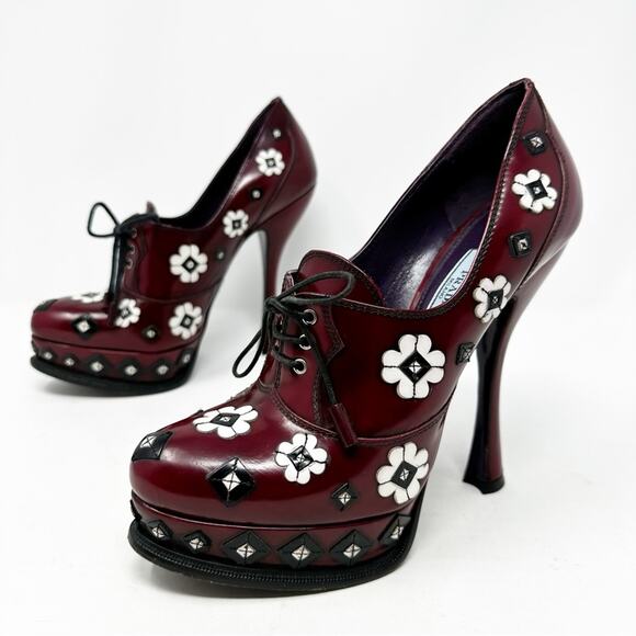 Prada Shoes - Prada Spazzolato Floral Studded Platform Lace Up Heels Womens Size EU 37.5